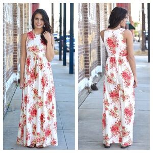 Infinity Raine White Maxi Dress with Red Floral Print